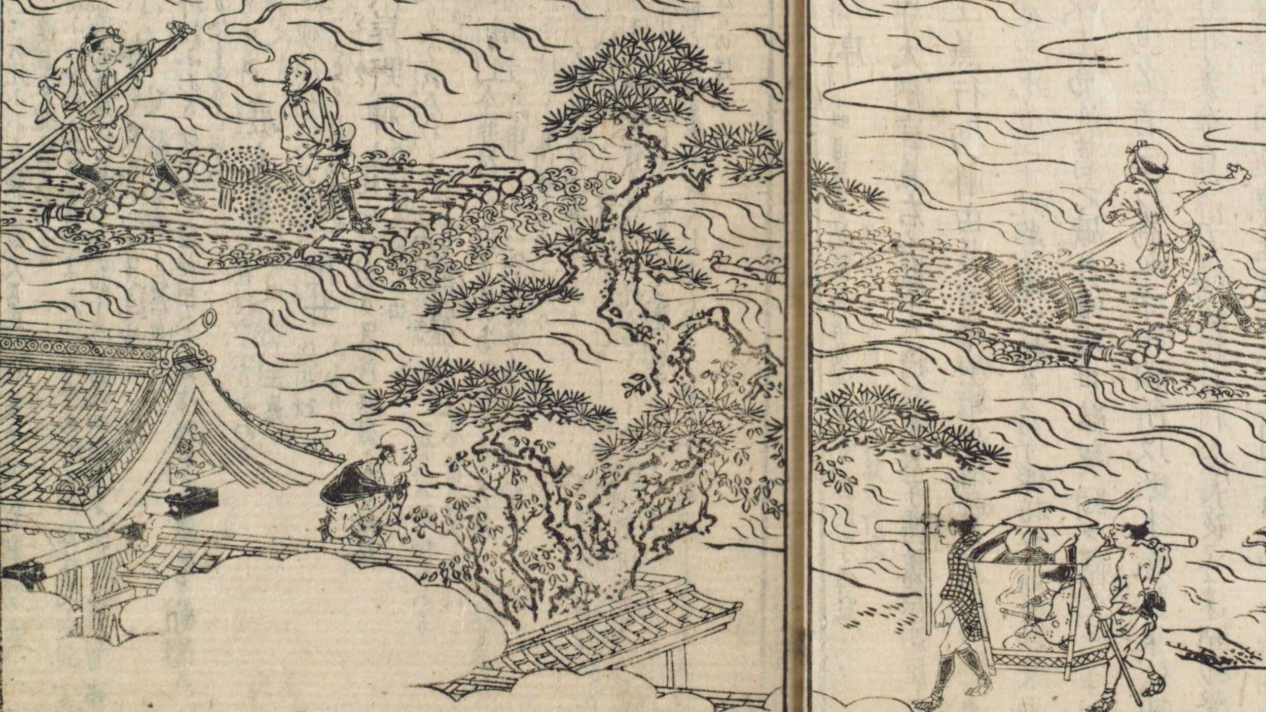 「大和名所図会」榮山寺と吉野川の筏流し 奈良県立図書情報館蔵