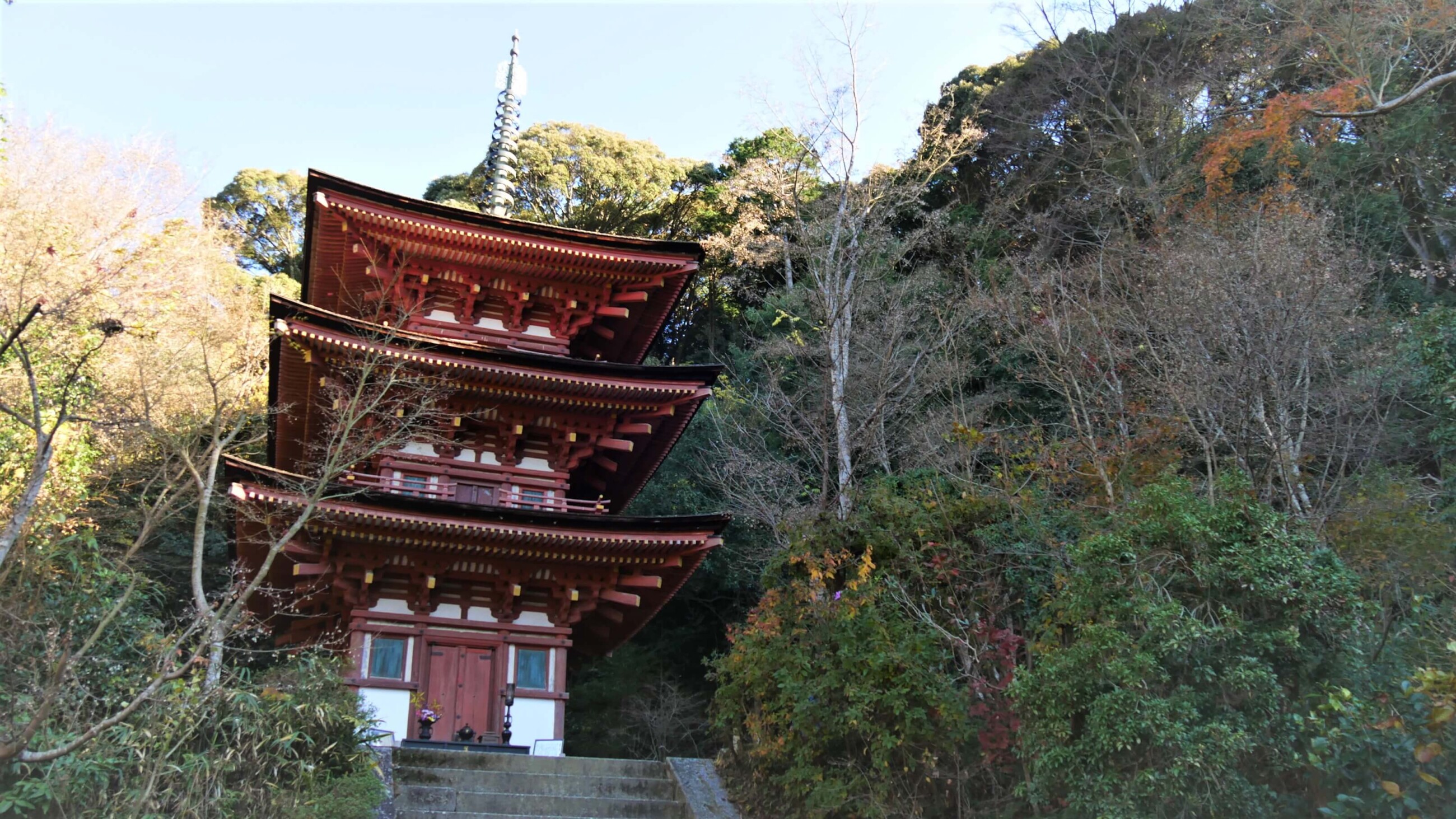 宝池の東にある三重塔(国宝)