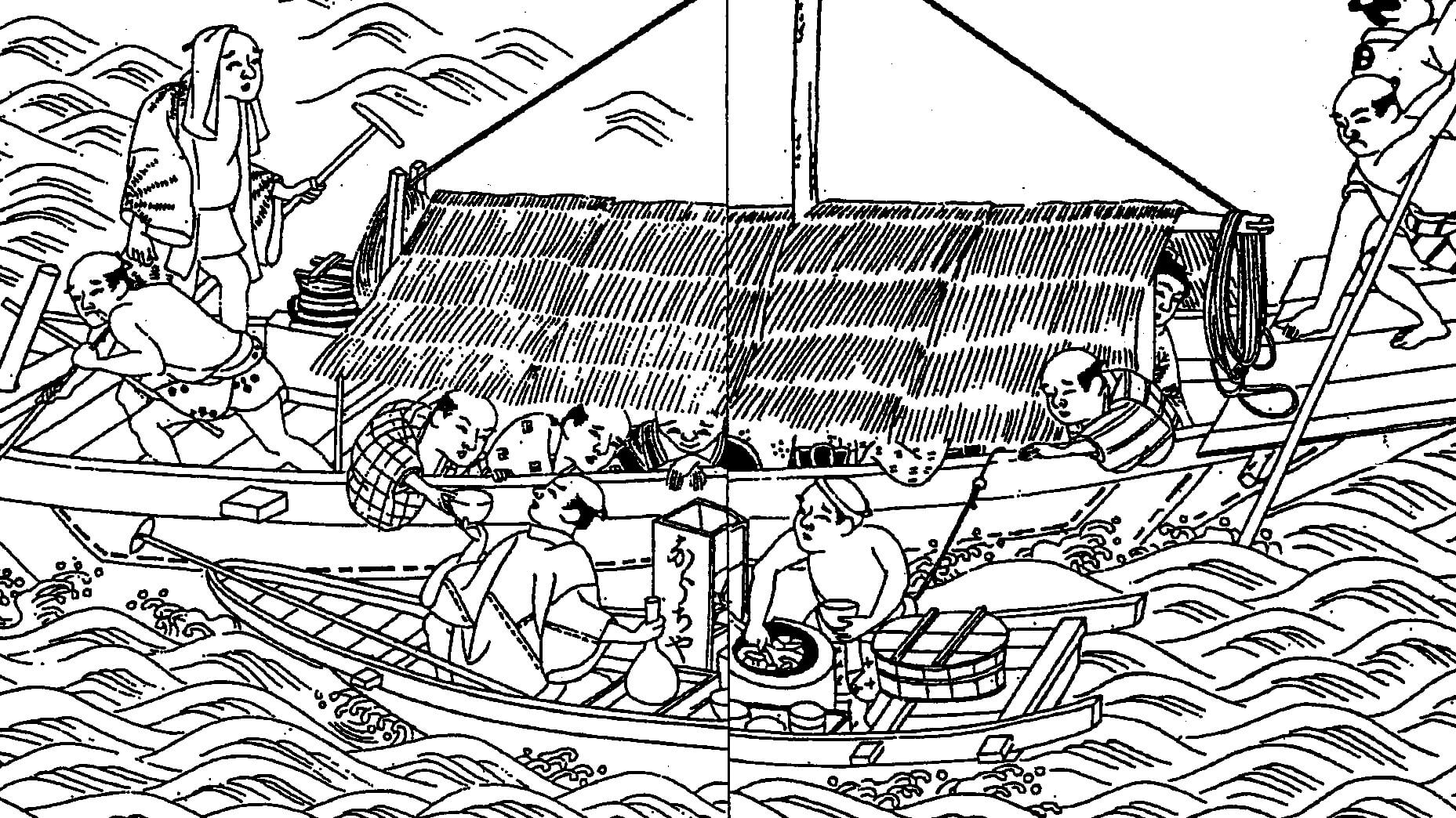 淀川で「奈良茶」を売るくらわんか船(『絵本家賀御伽』)